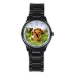 Puppy In Grass Stainless Steel Round Watch