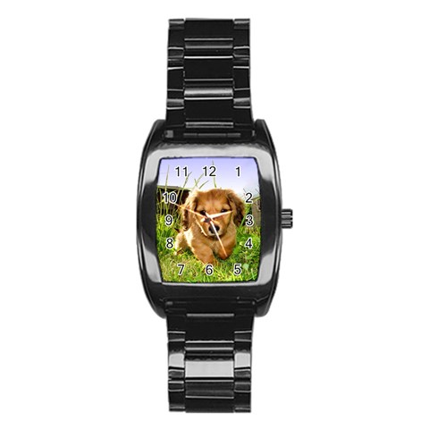 Puppy In Grass Stainless Steel Barrel Watch from ArtsNow.com Front