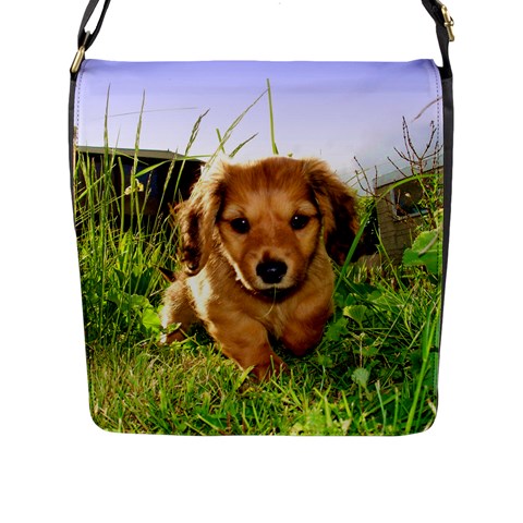 Puppy In Grass Flap Closure Messenger Bag (L) from ArtsNow.com Front