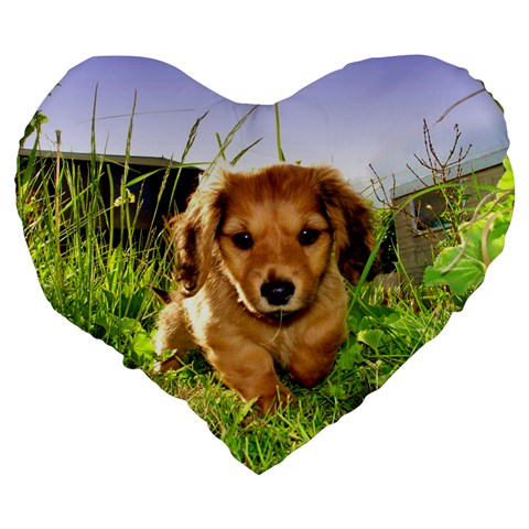 Puppy In Grass Large 19  Premium Flano Heart Shape Cushion from ArtsNow.com Back