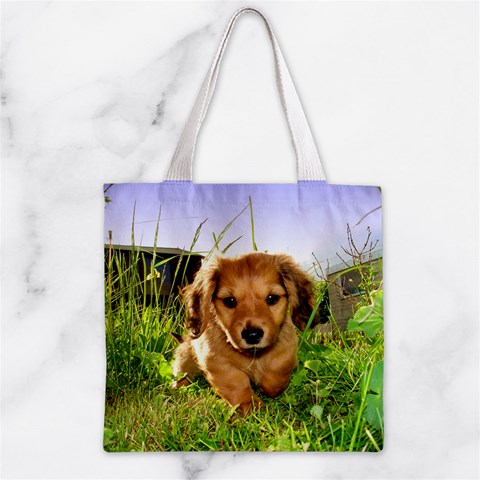 Puppy In Grass Zipper Grocery Tote Bag from ArtsNow.com Front