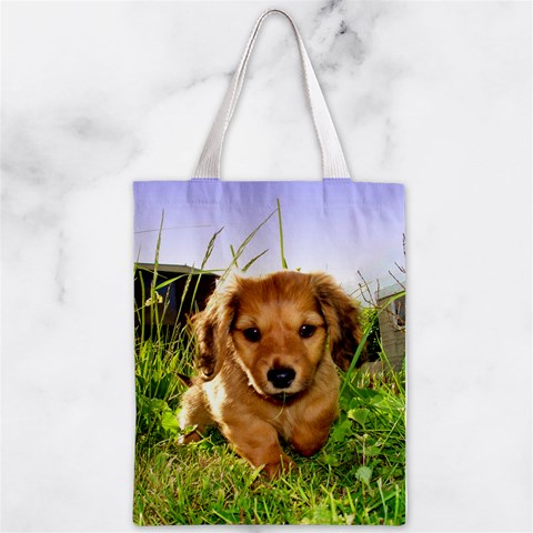 Puppy In Grass Zipper Classic Tote Bag from ArtsNow.com Front