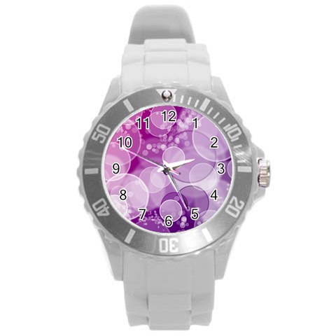 Purple Bubble Art Round Plastic Sport Watch (L) from ArtsNow.com Front