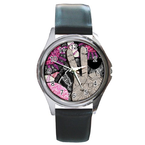 Peace Hand Art Round Metal Watch from ArtsNow.com Front