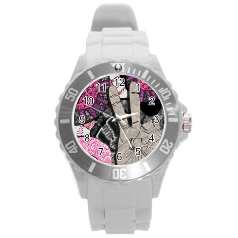 Peace Hand Art Round Plastic Sport Watch (L) from ArtsNow.com Front