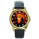 Ninja Sunset Round Gold Metal Watch