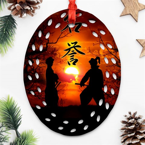 Ninja Sunset Ornament (Oval Filigree) from ArtsNow.com Front
