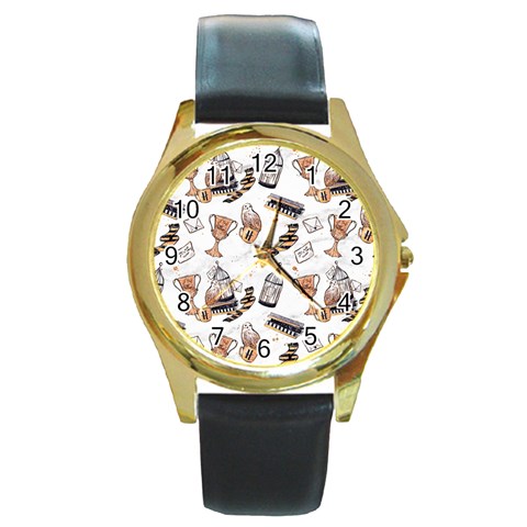 Hufflepuff Pattern Round Gold Metal Watch from ArtsNow.com Front