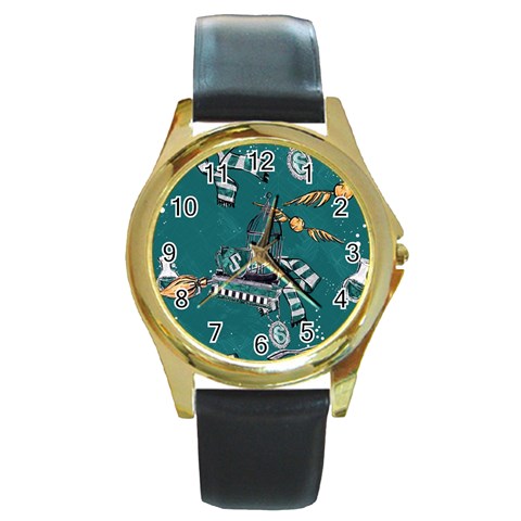 Slytherin Pattern Round Gold Metal Watch from ArtsNow.com Front