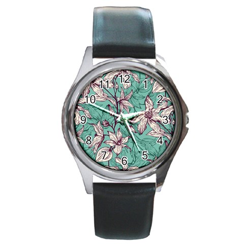Vintage Floral Pattern Round Metal Watch from ArtsNow.com Front