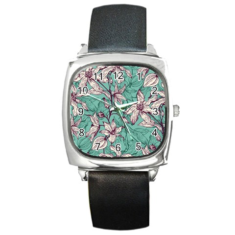 Vintage Floral Pattern Square Metal Watch from ArtsNow.com Front
