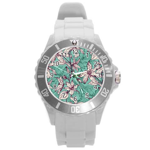 Vintage Floral Pattern Round Plastic Sport Watch (L) from ArtsNow.com Front