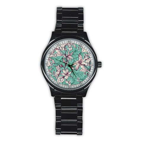Vintage Floral Pattern Stainless Steel Round Watch from ArtsNow.com Front