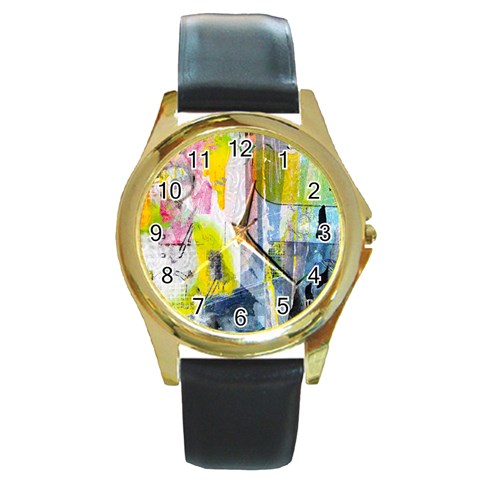 Graffiti Graphic Round Gold Metal Watch from ArtsNow.com Front