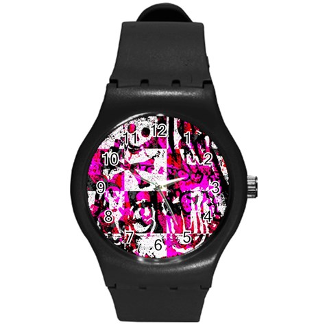 Pink Checker Graffiti Round Plastic Sport Watch (M) from ArtsNow.com Front