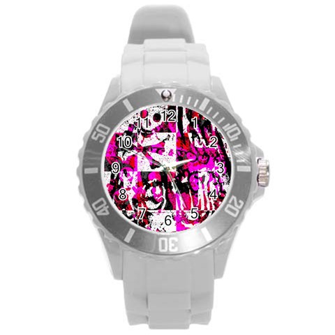 Pink Checker Graffiti Round Plastic Sport Watch (L) from ArtsNow.com Front