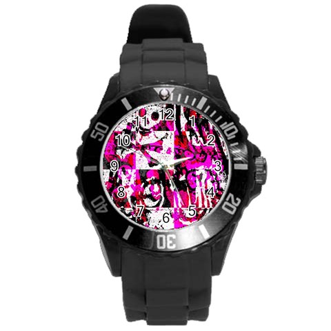 Pink Checker Graffiti Round Plastic Sport Watch (L) from ArtsNow.com Front