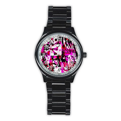 Pink Checker Graffiti Stainless Steel Round Watch from ArtsNow.com Front
