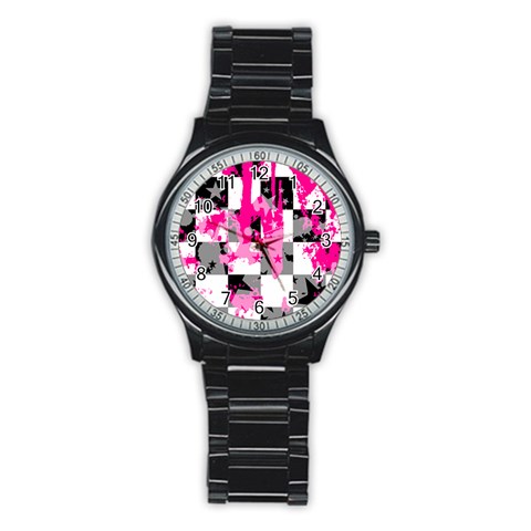 Pink Star Splatter Stainless Steel Round Watch from ArtsNow.com Front