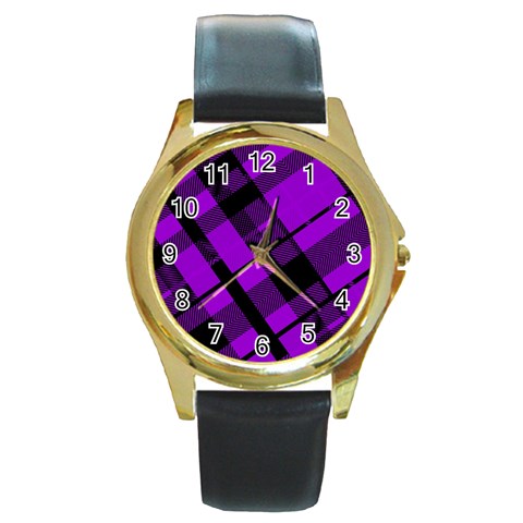 Purple Plaid Round Gold Metal Watch from ArtsNow.com Front