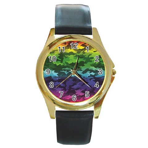 Rainbow Camouflage Round Gold Metal Watch from ArtsNow.com Front
