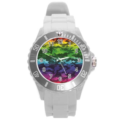 Rainbow Camouflage Round Plastic Sport Watch (L) from ArtsNow.com Front