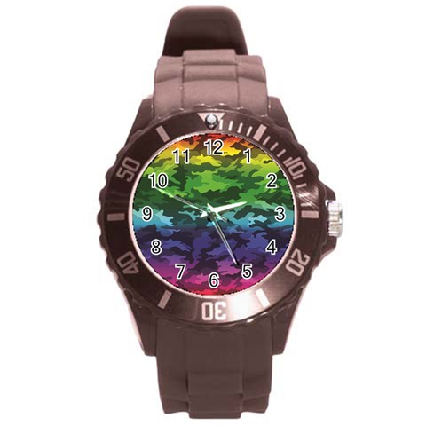Rainbow Camouflage Round Plastic Sport Watch (L) from ArtsNow.com Front