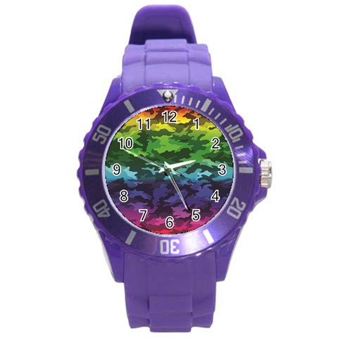 Rainbow Camouflage Round Plastic Sport Watch (L) from ArtsNow.com Front