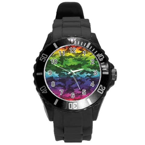 Rainbow Camouflage Round Plastic Sport Watch (L) from ArtsNow.com Front