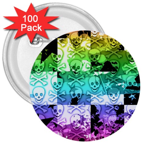 Rainbow Checker Skull Splatter 3  Button (100 pack) from ArtsNow.com Front