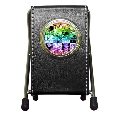 Rainbow Checker Skull Splatter Pen Holder Desk Clock from ArtsNow.com Front