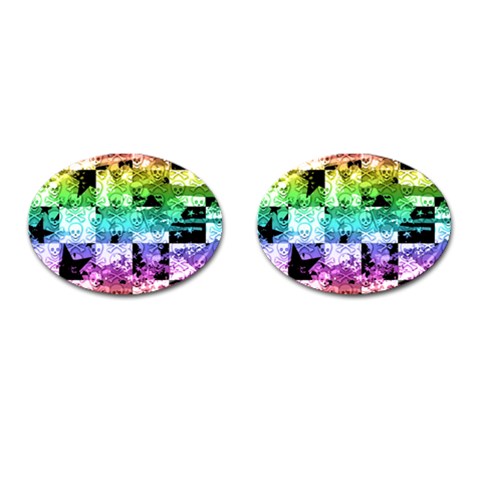 Rainbow Checker Skull Splatter Cufflinks (Oval) from ArtsNow.com Front(Pair)