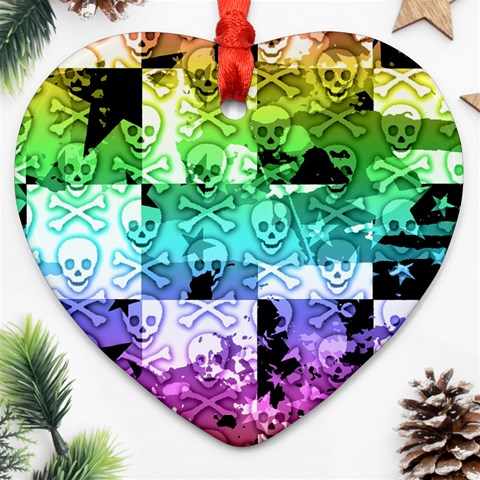 Rainbow Checker Skull Splatter Heart Ornament (Two Sides) from ArtsNow.com Front