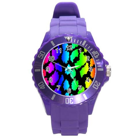 Rainbow Leopard Round Plastic Sport Watch (L) from ArtsNow.com Front