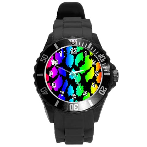 Rainbow Leopard Round Plastic Sport Watch (L) from ArtsNow.com Front