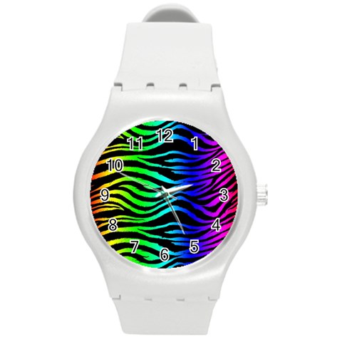 Rainbow Zebra Round Plastic Sport Watch (M) from ArtsNow.com Front