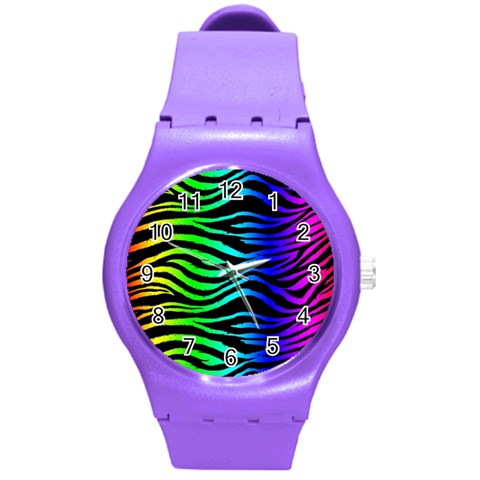 Rainbow Zebra Round Plastic Sport Watch (M) from ArtsNow.com Front