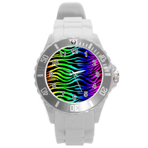 Rainbow Zebra Round Plastic Sport Watch (L) from ArtsNow.com Front