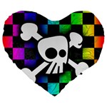 Checker Rainbow Skull Large 19  Premium Flano Heart Shape Cushion