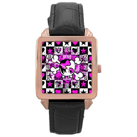 Emo Scene Girl Skull Rose Gold Leather Watch  from ArtsNow.com Front
