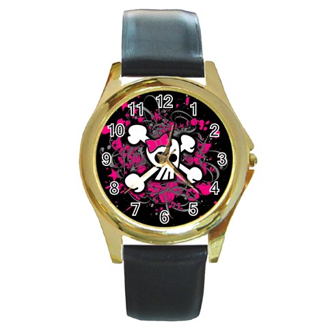 Girly Skull & Crossbones Round Gold Metal Watch from ArtsNow.com Front