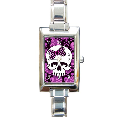 Pink Polka Dot Bow Skull Rectangle Italian Charm Watch from ArtsNow.com Front