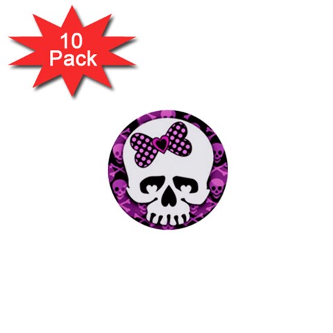 Pink Polka Dot Bow Skull 1  Mini Button (10 pack)  from ArtsNow.com Front