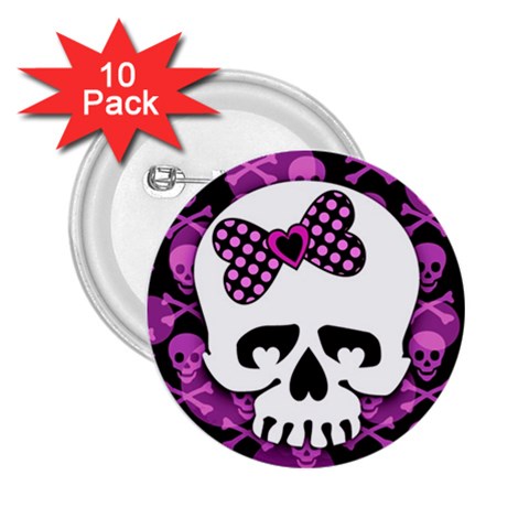 Pink Polka Dot Bow Skull 2.25  Button (10 pack) from ArtsNow.com Front