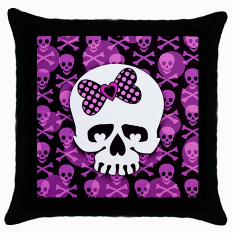 Pink Polka Dot Bow Skull Throw Pillow Case (Black) from ArtsNow.com Front