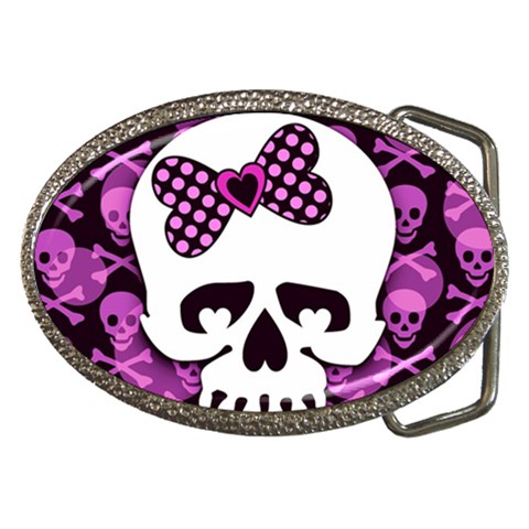 Pink Polka Dot Bow Skull Belt Buckle from ArtsNow.com Front