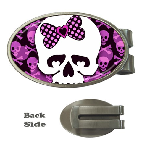 Pink Polka Dot Bow Skull Money Clip (Oval) from ArtsNow.com Front