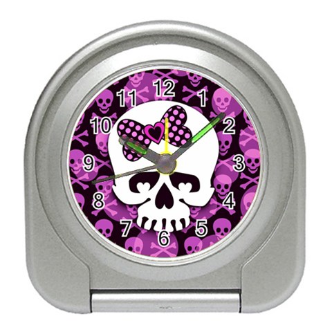 Pink Polka Dot Bow Skull Travel Alarm Clock from ArtsNow.com Front