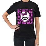 Pink Polka Dot Bow Skull Women s T-Shirt (Black) (Two Sided)