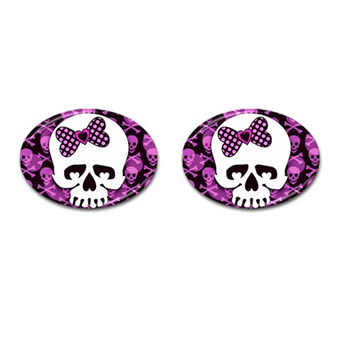 Pink Polka Dot Bow Skull Cufflinks (Oval) from ArtsNow.com Front(Pair)